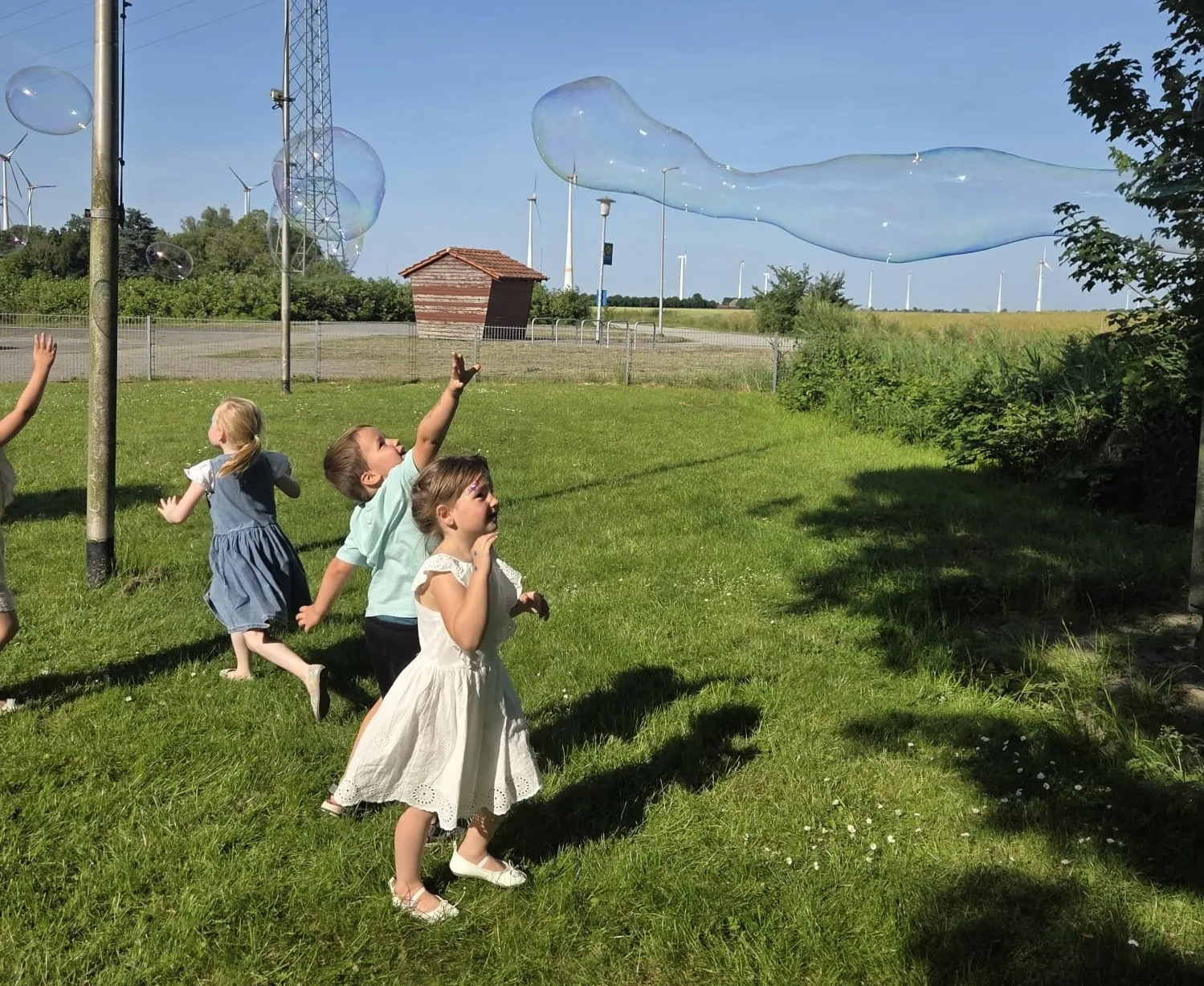 Kinder jagen auf einer Wiese riesigen Seifenblasen hinterher